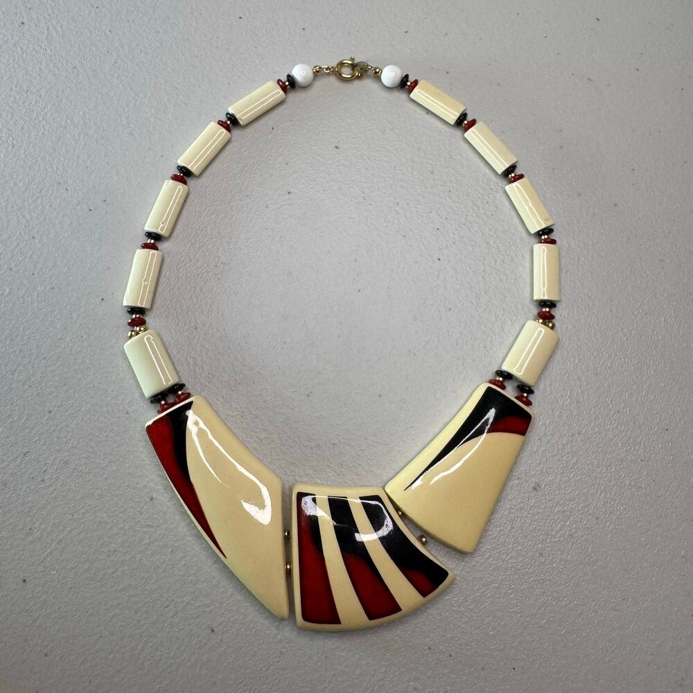 vintage japan ceramic geometric statement necklace red black cream modernist mod